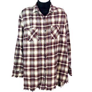 One24 Rags Womens Lg Distressed Plaid Flannel Shirt 100% Cotton Burgundy & Cream